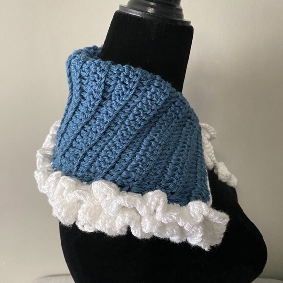Handmade Crochet Blue White Winter Double Folded Collar Neckwear Accessory - Picture 5 of 6